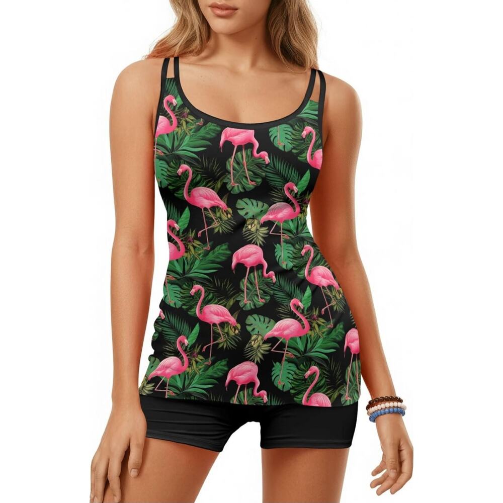 ◇35 MSRP $28 NWT HUNTFAMI TROPICAL FLAMINGO TANKINI SET ♡SIZE XL♡